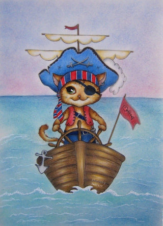 Pirate Coloring Page, Digital stamp, Digi, Girl, Cats, Pirates, Adventure, Sea rover, Ship, Crafting, Fairytale, Whimsy craft. Captain Cat - The Art of Julia Spiri