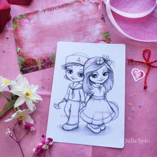 Postcard for Coloring, Couples in Love. "You & Me", Sweet Love - The Art of Julia Spiri