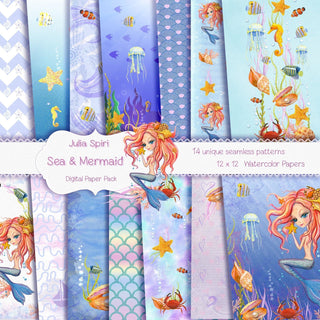 Sea & Mermaid Paper Pack, Watercolor Seamless Patterns, Siren, Seahorse, Fish, Underwater, Nautical, Crab, Jellyfish, Starfish Planner diy. - The Art of Julia Spiri