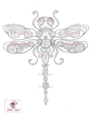 Steampunk Coloring Page, Digital stamp, Black & White Digi, Gears, Mechanic, Metal, Iron gear, Crafting, Fantasy Whimsy. Steampunk Dragonfly - The Art of Julia Spiri