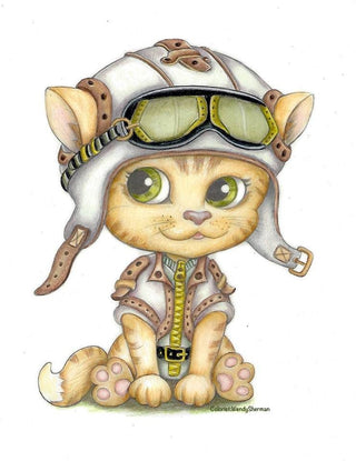 Steampunk Coloring Page, Digital stamp, Digi, Pet, Gears, Glasses, Mechanic, Metal, Iron, Helmet, Crafting, Fantasy, Whimsy. Aviator Cat - The Art of Julia Spiri