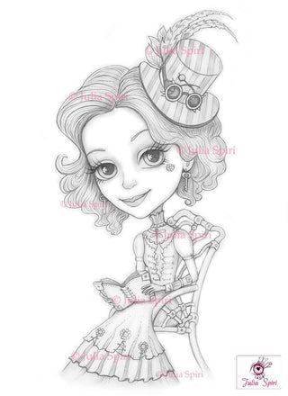 Steampunk Coloring Page, Digital stamp, Digi, Vintage Girl, Gears, Glasses, Mechanic, Metal, Book, Crafting Fantasy Whimsy. Clementine - The Art of Julia Spiri