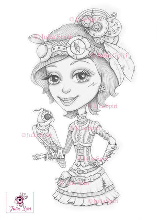 Steampunk Coloring Page, Digital stamp, Digi, Vintage Girl, Gears, Glasses, Mechanic, Metal, Iron, Crafting Fantasy Whimsy. Kelly and Falcon - The Art of Julia Spiri