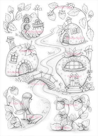 Strawberries Coloring Pages, Digital stamp, Digi, House, Home, Fairy, Village, Wild Strawberry, Crafting, Craft. Strawberry houses valley - The Art of Julia Spiri