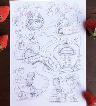 Strawberries Coloring Pages, Digital stamp, Digi, House, Home, Fairy, Village, Wild Strawberry, Crafting, Craft. Strawberry houses valley - The Art of Julia Spiri