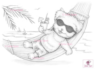 Summer Coloring Page, Digital stamp, Digi, Sea, Holiday, Ocean, Cocktail, Hammock, Relaxation, Fantasy, Crafting, Whimsy. Dog on the beach - The Art of Julia Spiri