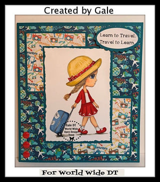 Travel Coloring Page, Digital stamp, Digi, Cute Girl, Traveler, Adventure, Trip, Tour, Suitcase, Fantasy, Crafting, Whimsy. Ellie - The Art of Julia Spiri