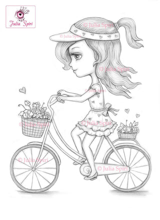 Travel Coloring Page, Digital stamp, Digi, Girl, Traveler, Bike, Bicycle, Trip, Tour, Crafting, Whimsy. Sophia - The Art of Julia Spiri