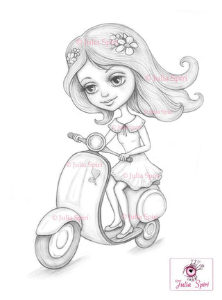 Travel Coloring Page, Digital stamp, Electric Scooter, Digi, Girl, Traveler, Adventure, Fantasy, Crafting, Whimsy. Mila - The Art of Julia Spiri