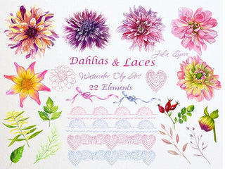 Watercolor Flowers Clipart, Dahlias, Wedding Invitation, Laces, Bow, Floral Set, Leaf, Sprig, Dogrose, Greeting card, Diy. Dahlias & Laces - The Art of Julia Spiri
