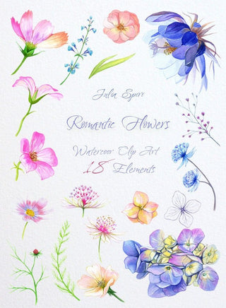 Watercolor Romantic Flowers Clipart, Hydrangea, Cosmos Flower, Delicate, Leaf, Blue Pink, Wedding Invitation, Floral set. Romantic Flowers - The Art of Julia Spiri