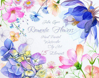 Watercolor Romantic Flowers Clipart, Hydrangea, Cosmos Flower, Delicate, Leaf, Blue Pink, Wedding Invitation, Floral set. Romantic Flowers - The Art of Julia Spiri