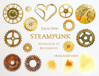 Watercolor Steampunk Clipart, Rust, Iron, Metal, Metallic, Gear, Clock, Watch, Heart, Mechanical, Invitation, Greeting card, Diy. Steampunk - The Art of Julia Spiri