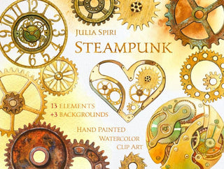 Watercolor Steampunk Clipart, Rust, Iron, Metal, Metallic, Gear, Clock, Watch, Heart, Mechanical, Invitation, Greeting card, Diy. Steampunk - The Art of Julia Spiri
