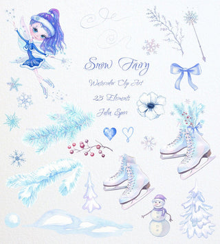 Winter Watercolor Clipart, Ice Skates, Snowflake, Blue, Spruce, Snowman, Branch, Magic wand, Cold weather, Planner Sticker, Diy. Snow Fairy - The Art of Julia Spiri
