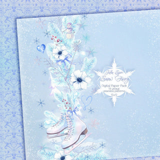 Winter Watercolor Digital Paper Pack, Seamless Patterns, Handpainted Snowflake, Ice Skates, Spruce, Snowman, Greeting card diy. Snow Fairy - The Art of Julia Spiri