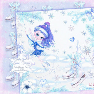 Winter Watercolor Digital Paper Pack, Seamless Patterns, Handpainted Snowflake, Ice Skates, Spruce, Snowman, Greeting card diy. Snow Fairy - The Art of Julia Spiri